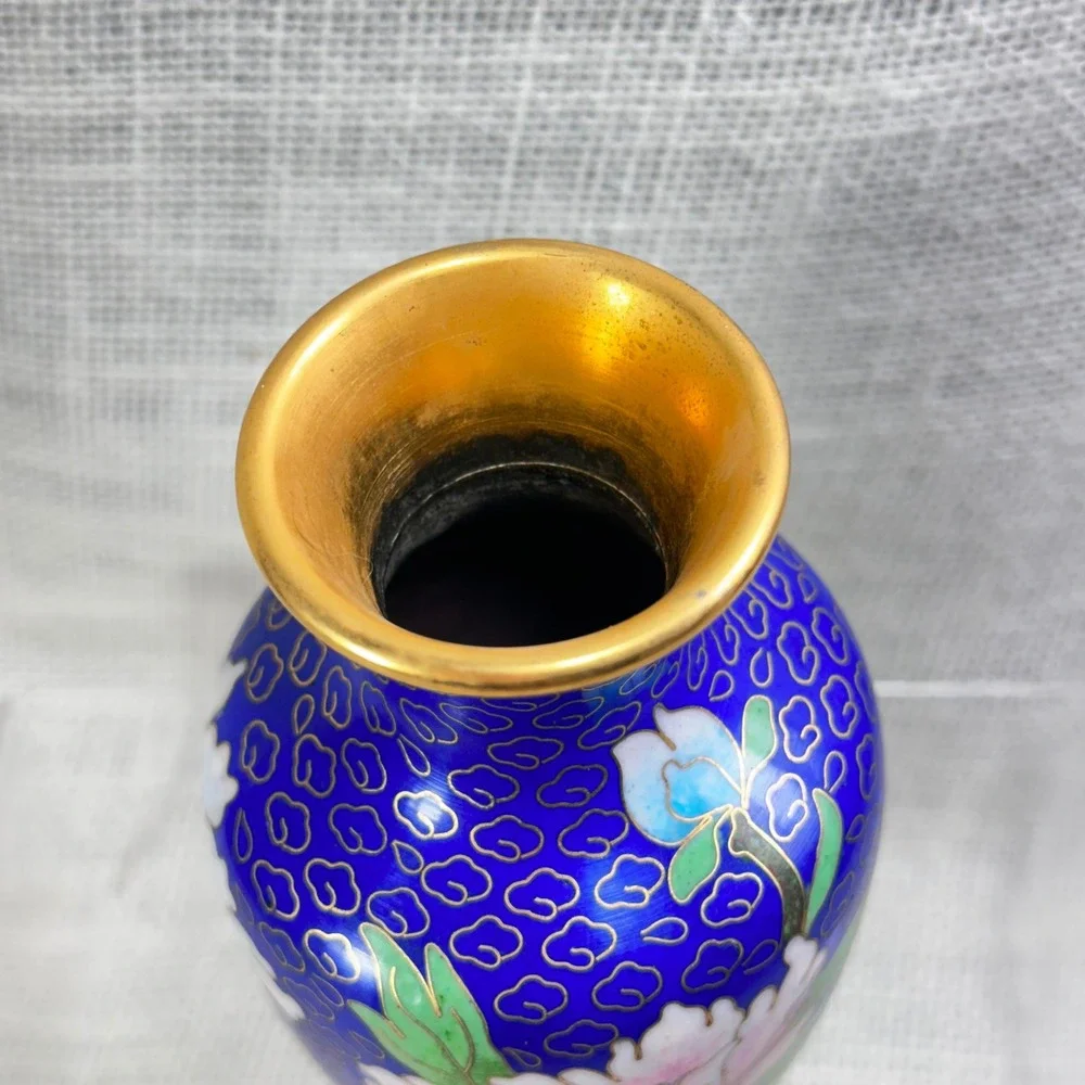 Vintage Cloisonne Enamel Floral Vase Cobalt Blue Peony 5 Inch Chinese Decorative